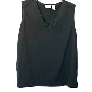 LIZ & ME V-NECKLINE SLEEVELESS BLOUSE, WOMENS, 4X, BLACK & LACE SEQUENCE NECK